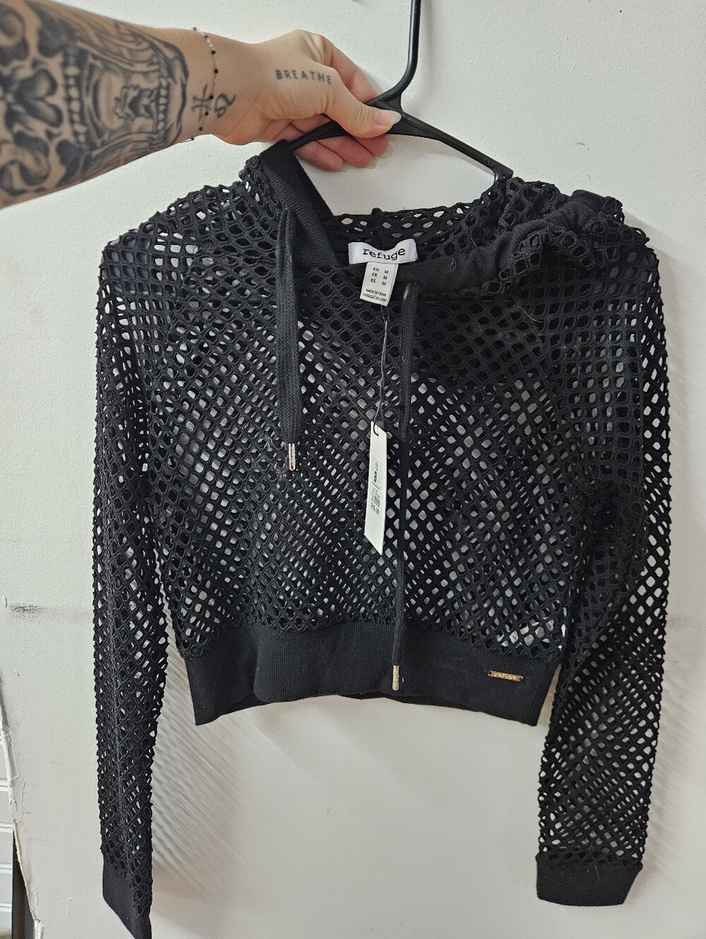 Refuge Black Open-Knit Crop Hoodie